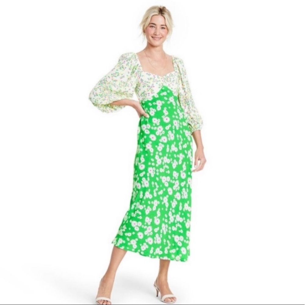 RIXO x Target Green Daisy Puff Sleeve Swing Dress